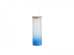 Sublimation Blanks 20oz/600ml Glass Skinny Tumbler w/Straw &amp; Bamboo Lid(Frosted, Gradient Light Blue)