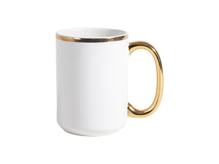 Taza blanca de 15 oz con mango metálico dorado