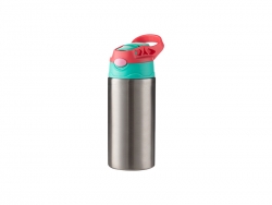 12oz/360ml Sublimation Blanks Kids Stainless Steel Bottle With Silicon Straw &amp; Red Cap(Silver)
