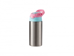 12oz/360ml Sublimation Blanks Kids Stainless Steel Bottle With Silicon Straw &amp;Pink Cap(Silver)