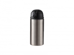 12oz/360ml Sublimation Blanks Kids Stainless Steel Bottle With Silicon Straw &amp; Black Cap (Silver)